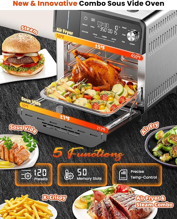 Nuwave Combi Steam Oven, Non-Toxic Stainless Steel Multi-Cooker with Air Fry, Steam, Sous Vide, Toast & More, 50-450째F Precision, 120 Presets, Moisture Control, Programmable, Easy to Clean
