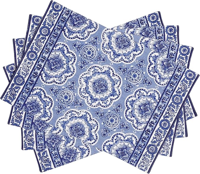 Maison d' Hermine Placemats Set of 2 100% Cotton Washable Cloth Place Mats, Reusable Table Mats for Kitchen Dining Decoration, Party, Wedding, Restaurant Spring/Summer (Melodie Bleue, 13" x 19")