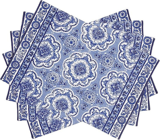 Maison d' Hermine Placemats Set of 2 100% Cotton Washable Cloth Place Mats, Reusable Table Mats for Kitchen Dining Decoration, Party, Wedding, Restaurant Spring/Summer (Melodie Bleue, 13" x 19")