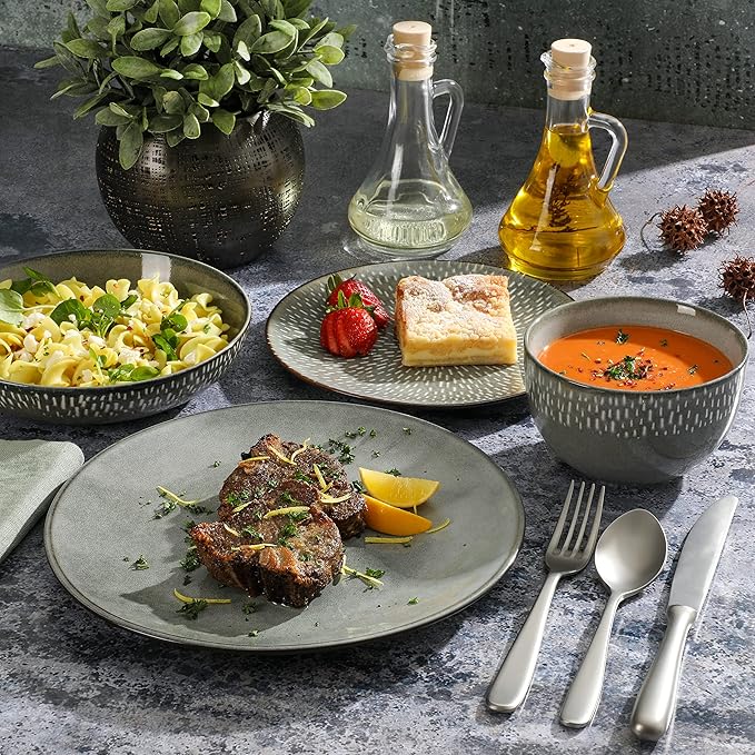 Gibson Elite Matisse 16-Piece Double Bowl Dinnerware Set, Service for 4 ??Green Stoneware Plates and Bowls