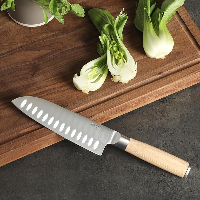 Babish 6.5-Inch Santoku Knife ??High-Carbon 1.4116 German Steel Kitchen Knife with Light Pakka Wood Handle, Full-Tang Razor Sharp Blade for Chopping, Slicing, Dicing & Precision Prep