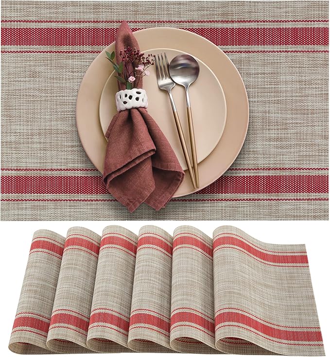 More D챕cor Dining Table Placemats, Washable Heat-Resistant PVC Vinyl Table Mats for Dining Room and Kitchen, Anti-Slip - Set of 6 - Horizontal Striped Red - Grey