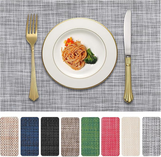 LANDVIEW Vinyl Placemats Set of 4, PVC Woven Washable Non-Slip Table Mats, Heat Resistant Wrinkle Free Place Mats for Dining Table, Easy to Clean (4, Light Grey)