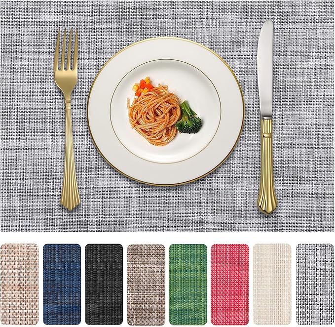 LANDVIEW Vinyl Placemats Set of 8, PVC Woven Washable Non-Slip Table Mats, Heat Resistant Wrinkle Free Place Mats for Dining Table, Easy to Clean (8, Light Grey)
