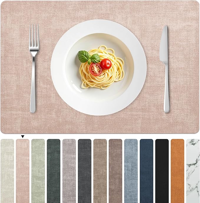 FROMHEART Faux Leather Placemats Set of 6?밯aterproof,Heat/Oil Stain-Resistant PU Table Mat?밨eversible,Non-Slip,Easy to Clean Place Mats for Kitchen,Dining,Indoor/Outdoor,(Pink,11.8" x 17")