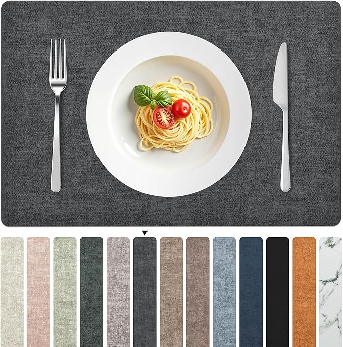 FROMHEART Faux Leather Placemats Set of 6?밯aterproof,Heat/Oil Stain-Resistant PU Table Mat?밨eversible,Non-Slip,Easy to Clean Place Mats for Kitchen,Dining,Indoor/Outdoor,(Dark Grey,11.8" x 17")