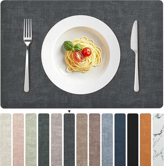 FROMHEART Faux Leather Placemats Set of 6?밯aterproof,Heat/Oil Stain-Resistant PU Table Mat?밨eversible,Non-Slip,Easy to Clean Place Mats for Kitchen,Dining,Indoor/Outdoor,(Dark Grey,11.8" x 17")
