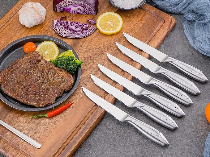 WELLSTAR Serrated Steak Knife Set of 6, Razor Sharp German Steel Blade 4.75 inch and Comfortable Stainless Steel Hollow Handle Durable Diner Table Knives Pack for Home Restaurant