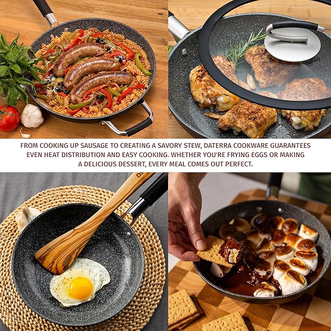 DaTerra Cucina Nonstick 3-Skillet Bundle ??9.5" and 13" Fry Pans, 11" Fry Pan with Glass Lid, Oven Safe, Nonstick Cookware, PTFE & PFOA Free, Durable Ceramic Coating - Made in Italy, Volcanic Black