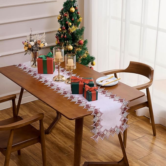 Raedan White Dark Red Linen Lace Table Runner 48 inches Long, Claret Dresser Scarf Table Topper for Christmas Kitchen Coffee Table Wedding Party Home Decor (Dark Red, 16?쓝48??