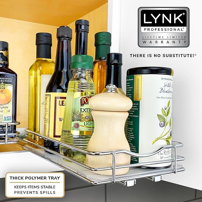 LYNK PROFESSIONAL짰 Pull Out Spice Rack Organizer for Inside Kitchen Cabinets - 6-3/8 inch Wide - Slide Out Drawer ??Chrome Sliding Spice Cabinet Organization Shelf Racks - 1 Tier