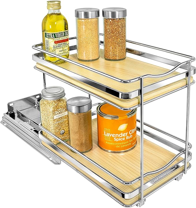 LYNK PROFESSIONAL짰 횋lite??Pull Out Spice Rack Organizer for Inside Kitchen Cabinets - 6-3/8 inch Wide - Slide Out Drawer ??Wood/Chrome Sliding Spice Cabinet Organization Shelf Racks - 2 Tier