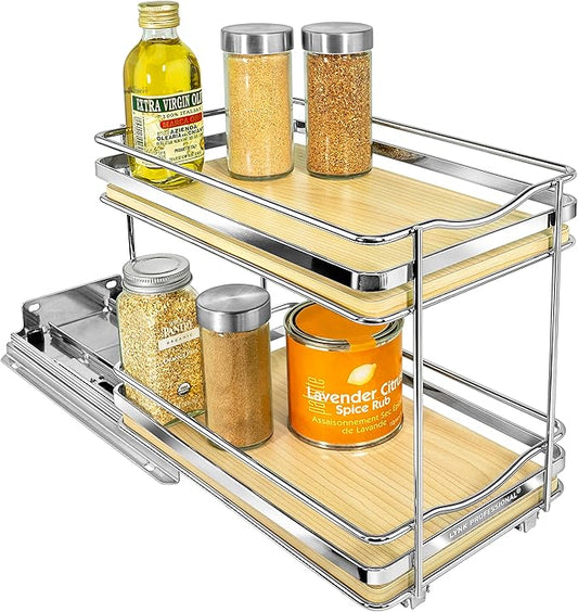 LYNK PROFESSIONAL짰 횋lite??Pull Out Spice Rack Organizer for Inside Kitchen Cabinets - 6-3/8 inch Wide - Slide Out Drawer ??Wood/Chrome Sliding Spice Cabinet Organization Shelf Racks - 2 Tier