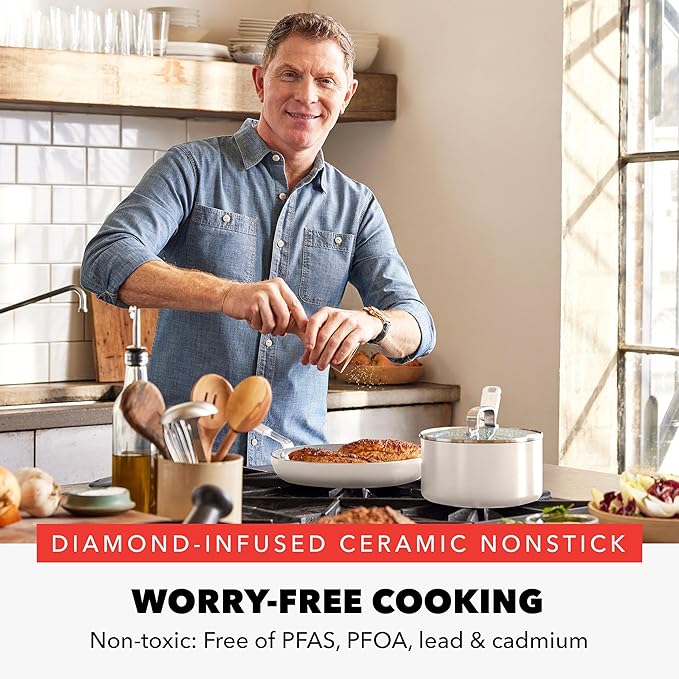 GreenPan x Bobby Flay 2 Piece- 8??and 10??Nonstick Frying Pan Skillet Set, PFAS-Free Diamond Ceramic, Induction Suitable, Stay-Cool Silicone Handle, Easy Clean Dishwasher & Oven Safe, Cream