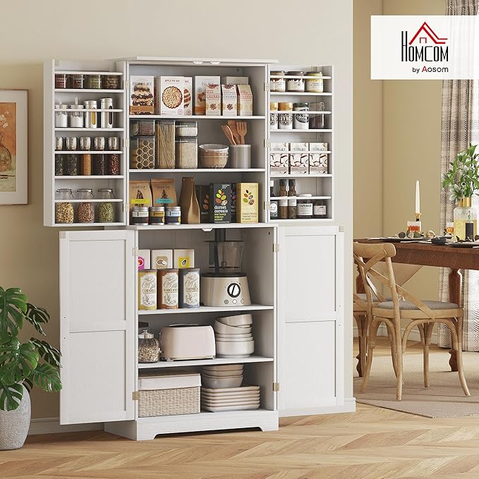 HOMCOM 72" Farmhouse Kitchen Pantry Cabinet, Freestanding Tall Storage Cabinet with 4 Barn Doors, 4 Adjustable Shelves and 8 Door Shelves, Embossed White Wood Grain