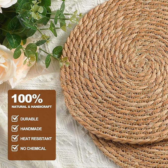 Dimpola Round Woven Placemats 13.5 inch Set of 4 - Boho Rattan Placemat Natural Water Hyacinth Placemats, Farmhouse Weave Place Mats, Rustic Braided Wicker Table Mats for Dining Table,Home,Wedding