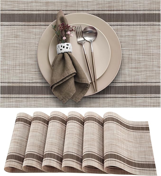 More D챕cor Dining Table Placemats, Washable Heat-Resistant PVC Vinyl Table Mats for Dining Room and Kitchen, Anti-Slip - Set of 4 - Horizontal Striped Bown - Beige