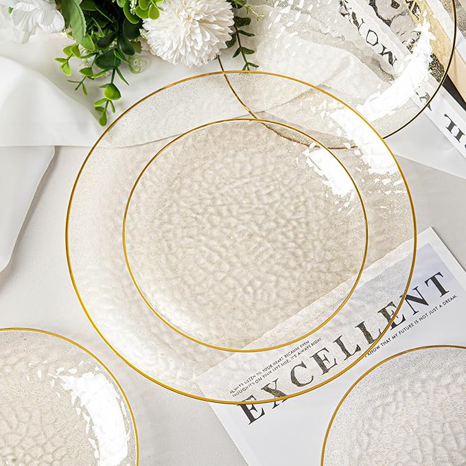 Lullaby 100PCS Clear Plastic Plates with Gold Rim, Includes 50pcs Dinner Plate 10??and 50pcs Dessert Plate 7?? Disposable Heavyduty Plates for Birthdays, Parties and Wedding