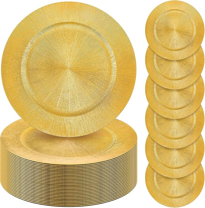 Tanlade 100 Pcs Charger Plates Bulk, 13 Inch Plastic Round Charger Dinner Plates Elegant Wedding Serving Plate for Event Tabletop Wedding Party Bridal Baby Shower Decor (Glitter Gold)
