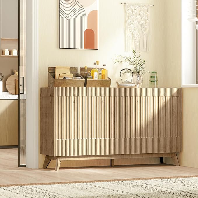 FLOWBACK 60" Large Fluted Storage Cabinet with Adjustable Shelves,35?섃?Tall Sideboard Buffet Credenzas Console Table with Solid Wood Legs,Accent Cabinet for Living Room Dining Room Entryway
