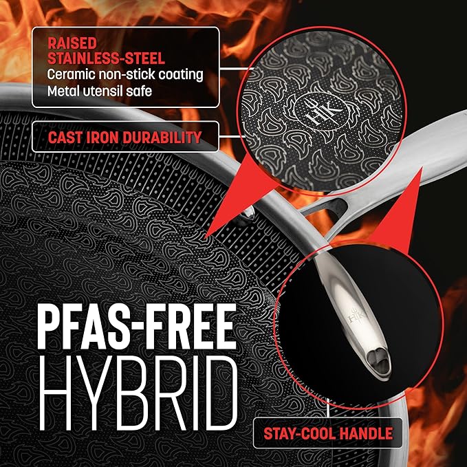 Hell's Kitchen Hybrid 12??Wok Pan, Tri-Clad Stainless Steel and Nonstick Ceramic, PFAS Free, no PFOA, no PTFE, no Teflon, Non Toxic Cookware, Metal Utensil Safe, All Cooktops and Oven Safe