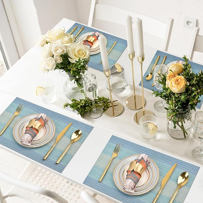 SLKQG Placemats Set of 6 - Easy Clean Washable Vinyl Placemats - Wipeable Heat Resistant Table Mats for Dining Table - 17.7x11.8 Inch (6, Blue Gradient)