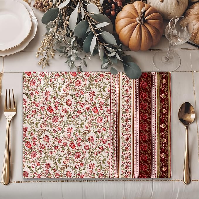 Maison d' Hermine Placemats Set of 4 100% Cotton Washable Cloth Place Mats, Reusable Table Mats for Thanksgiving Christmas Decorations Kitchen Dining Party Wedding (Reveillon Au Jardin, 13" x 19")