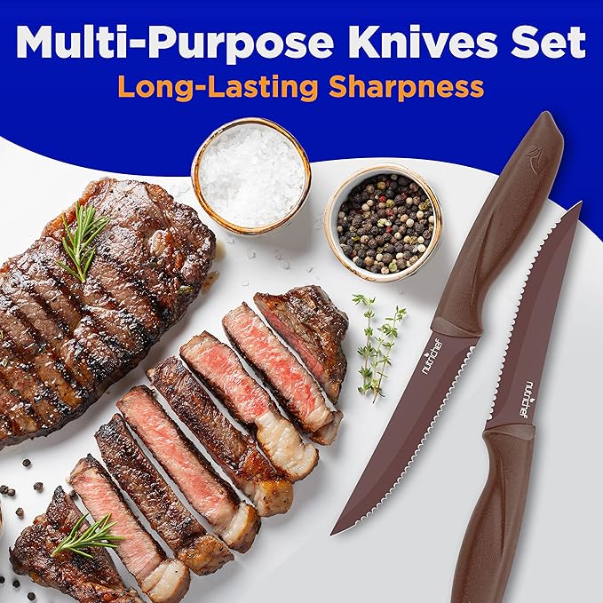 NutriChef 8 Piece Kitchen Knife Set - Multi-purpose Unbreakable Ergonomic Non-stick Stainless Steel Kitchen Steak Knives Set with Fully Serrated Blades - Great for BBQ Grill - NCSK8BW,Brown
