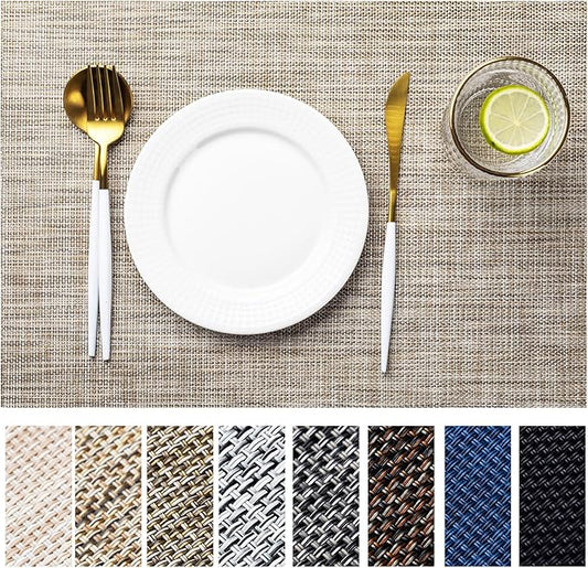 LEXMORE Placemats Set of 8 Vinyl/Plastic Woven Place Mats for Kitchen Table Indoor/Outdoor Washable Placemat Wipeable Dining Table Mats(Caramel)