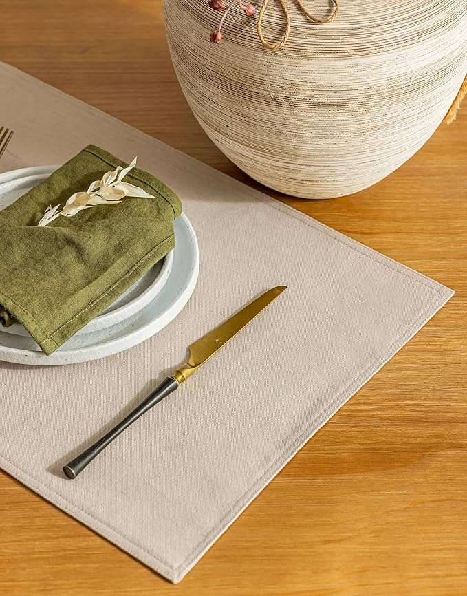Placidy Linen Cloth Table Placemats Set of 4 Beige Dining Table Mats for Indoor Neutral Boho Kitchen Plate Place Mats Washable Water Repellent 12x18 Inch