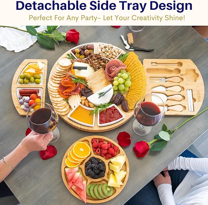 Extra Large Charcuterie Boards Gift Set: 16 in Round Bamboo Cheese Board and Knife Set, Cheese Tray - Unique for Mom, Wedding Gifts for Couple, House Warming Gifts New Home