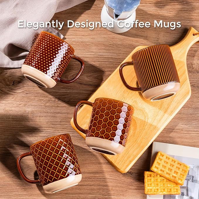 GBhome Large Coffee Mugs Set of 4, 12oz Handmade Stoneware Coffee Mugs Set with Large Handle for Cappuccino/Latte/Tea/Hot Cocoa, Dishwasher & Microwave Safe, Caramel