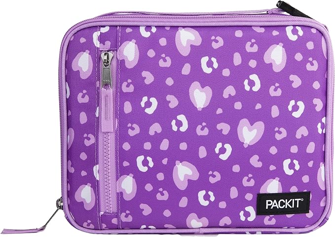 PackIt짰 Freezable Classic Lunch Box, Leopard Hearts Purple, Built with EcoFreeze짰 Technology, Reusable, Zip Closure With Zip Front Pocket and Buckle Handle, Designed for Fresh Lunch On the Go