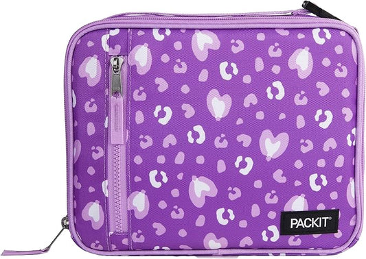 PackIt짰 Freezable Classic Lunch Box, Leopard Hearts Purple, Built with EcoFreeze짰 Technology, Reusable, Zip Closure With Zip Front Pocket and Buckle Handle, Designed for Fresh Lunch On the Go
