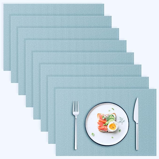 Blue Forest | Rectangular Faux Linen Placemats Set of 8 | Dual- Layered Thickened for Durability | Heat Resistant | Machine Washable | Wrinkle Free for Easy Care Indoor/Outdoor Use - Sky Blue