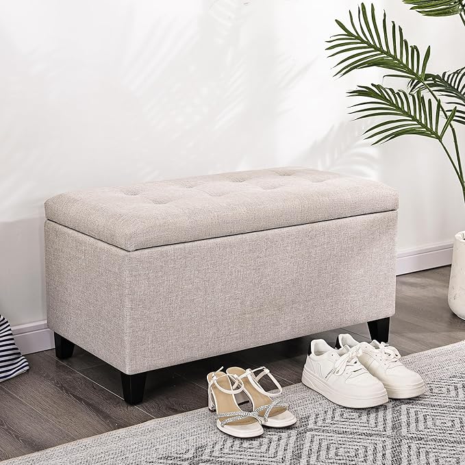 Asense Rectangular Lift Top Storage Ottoman Bench Footrest, Large Space (Linen-Beige)