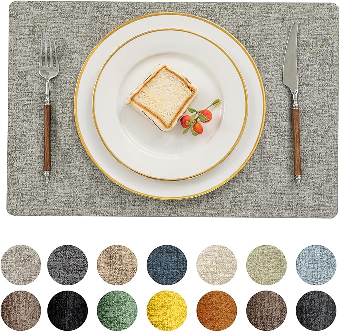 Romanstile Vinyl Placemats Set of 4-12 X 17 Inch - Heat Resistant Place Mats 100% Waterproof Oilproof Wipeable Reversible Faux Leather Table Mats for Kitchen, Dining, Party, Outdoor, Light Grey