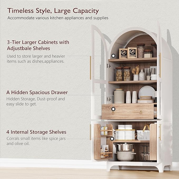 GDFStudio Mariah 71" Tall Arched Kitchen Pantry Cabinet with Hidden Drawer, Glass Door & Adjustable Shelves, Farmhouse Storage Cabinet Cupboard for Kitchen Dining Room, Home Pantry Storage, White