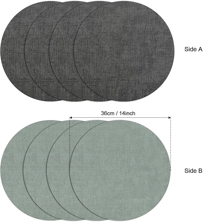 Myir JUN Round Placemats Dual Sided, Faux Leather Place Mats Set of 4 Indoor for Dining Table Outdoor Non-Slip Washable Table Mats (Set of 4, Gray Sage Green)
