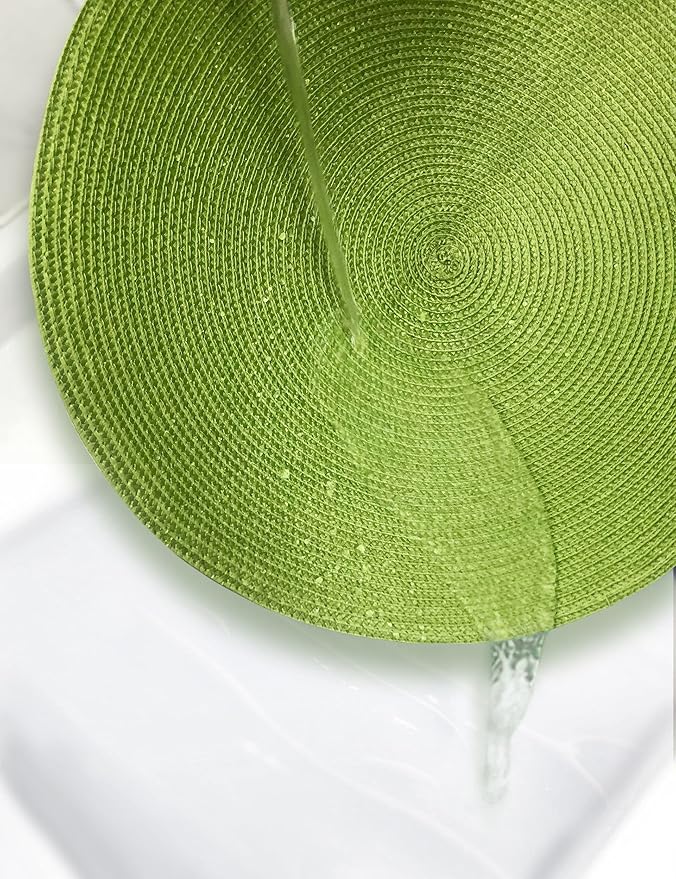 HODJOY Placemats Set of 6, Round Placemats for Dining Tables, Washable Woven Placemats for Christmas 15 inch (Pea Green)