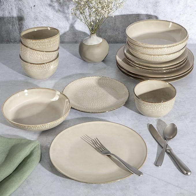 Gibson Elite Matisse 16-Piece Double Bowl Dinnerware Set ??Service for 4, Taupe Stoneware Plates and Bowls