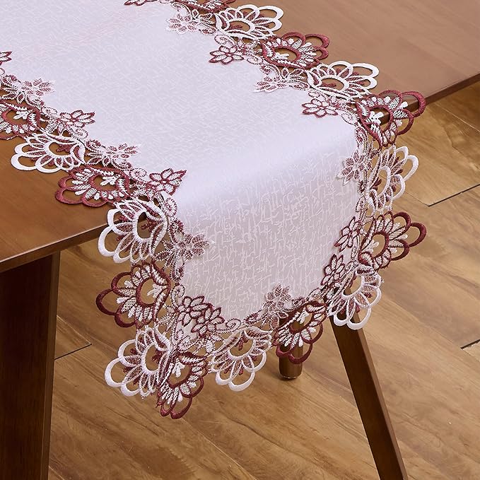 Raedan White Dark Red Jacquard Lace Table Runner 90 inches Long, Claret Dresser Scarf Table Topper for Kitchen Coffee Table Wedding Party Home Decor (Floral Dark Red, 16?쓝90??