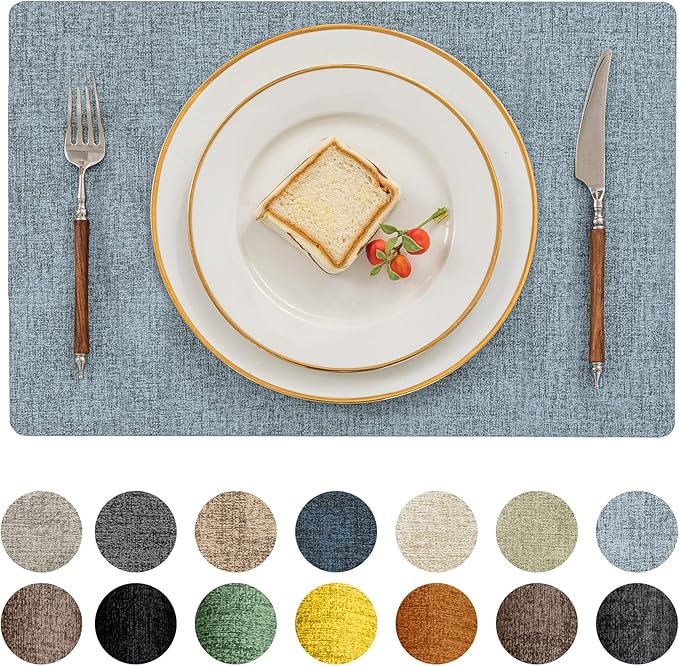 Romanstile Vinyl Placemats Set of 6-12 X 17 Inch - Heat Resistant Place Mats 100% Waterproof Oilproof Wipeable Reversible Faux Leather Table Mats for Kitchen, Dining, Party, Outdoor, Sky Blue