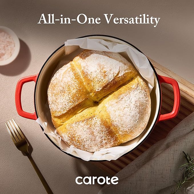 CAROTE Enameled Cast Iron Dutch Oven Pot with Lid, 4 QT Dutch Ovens, Heavy-Duty Cast Iron Pot for Sourdough Bread Baking, Braising, Stews, Roasting, Healthy & Non-Toxic, Dual Handles, All Stovetop Compatible, Oven Safe up to 500째 F, Red