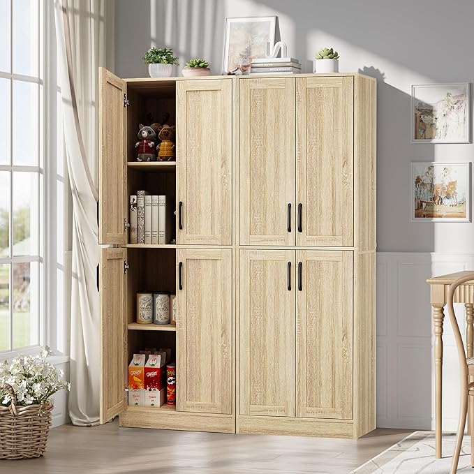 Pantry - Kitchen Pantry Cabinet with 4 Doors and Adjustable Shelves, Tall Black Cabinet Freestanding Storage Cupboard for Dining Room Living Room, Laundry, Bathroom (Natural)
