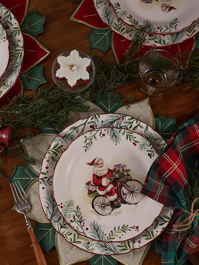 Bico Santa On The Way Scalloped Salad Plates Set of 4, 8.75 Inch Ceramic Dessert Plates for Salad, Appetizer, Side Dishes, Microwave and Dishwasher Safe, Gift for Housewarming and Christmas