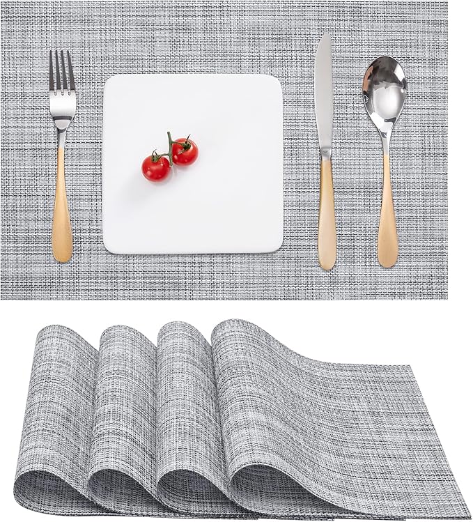 Myir JUN Placemats Set of 4, Vinyl Woven Placemats Place Mats Indoor Set of 4 Washable Table Mats Non-Slip Place mats for Dining Table (B-Gray, Set of 4)