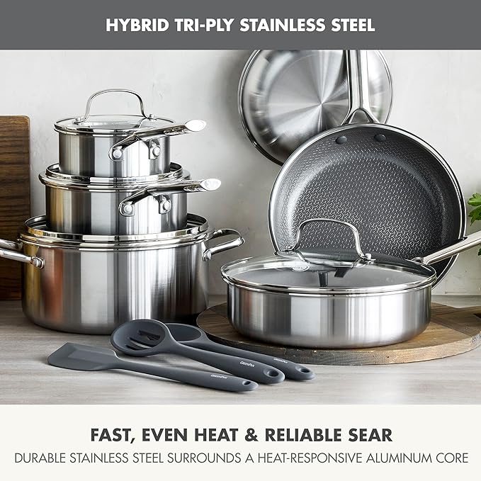 GreenPan Hybrid 13 Piece Nonstick Stainless Steel Cookware Set, APEX Tri-Ply Thermobond PFAS-Free Ceramic Pots & Pans, Induction & All Cooktop Compatible, Oven Temp to 850째F, Dishwasher Safe, Silver