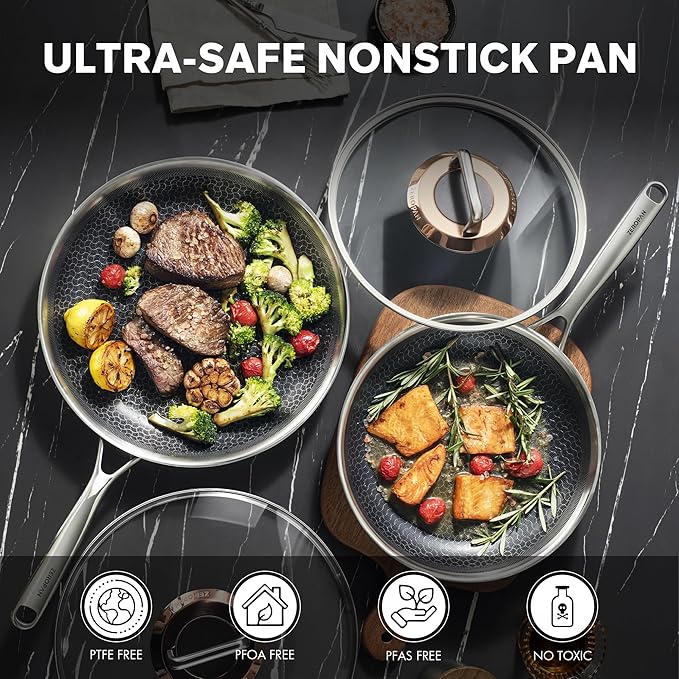 Hybrid Nonstick 10-Inch Frying Pan with Lid,Non Stick Frying Pan,PFAS PFOA PTFE Free,Stay-Cool Handle, Dishwasher-Friendly, Oven-Safe Up to 600째F, Induction Ready, Compatible with All Cooktops
