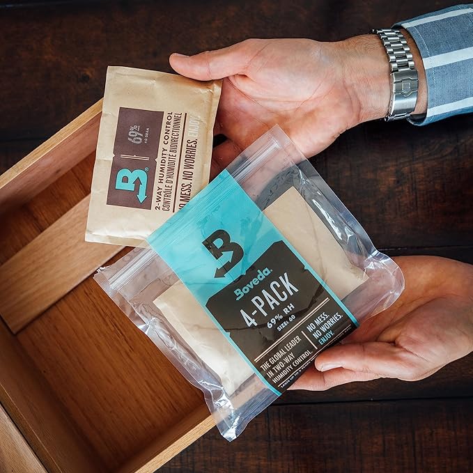 Boveda 69% Two-Way Humidity Control Packs For Plastic and Wood Containers Size 60 ??4 Pack ??Moisture Absorbers ??Humidifier Packs ??Hydration Packets in Resealable Bag